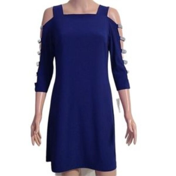 Roz & Ali Dress Size 3X Navy Blue Cold Shoulder Rhinestones Sleeves Stretch - Picture 1 of 11